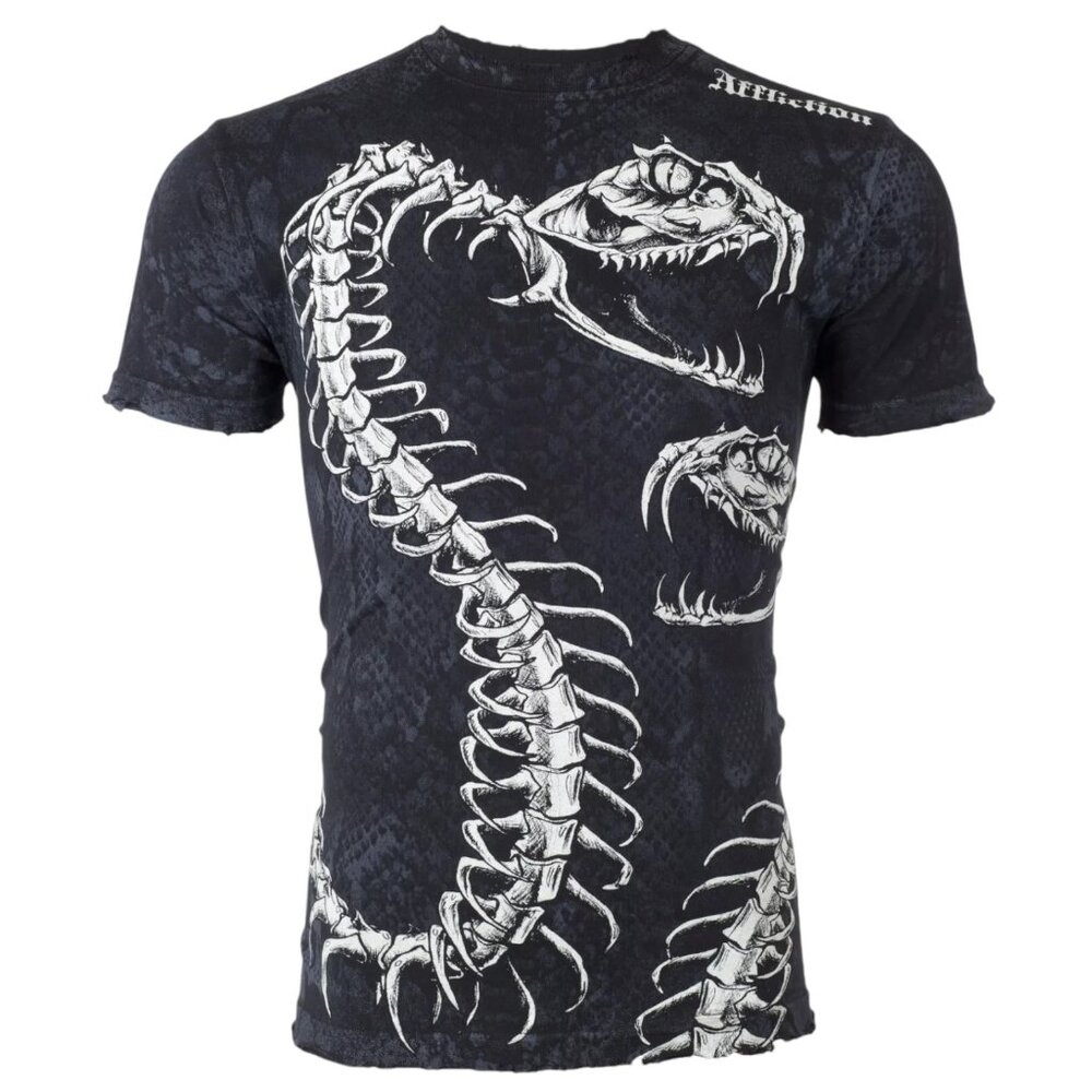 $58 AFFLICTION Black SKELETAL SNAKE Short Sleeve Slim Fit Y2K T-shirt NWT